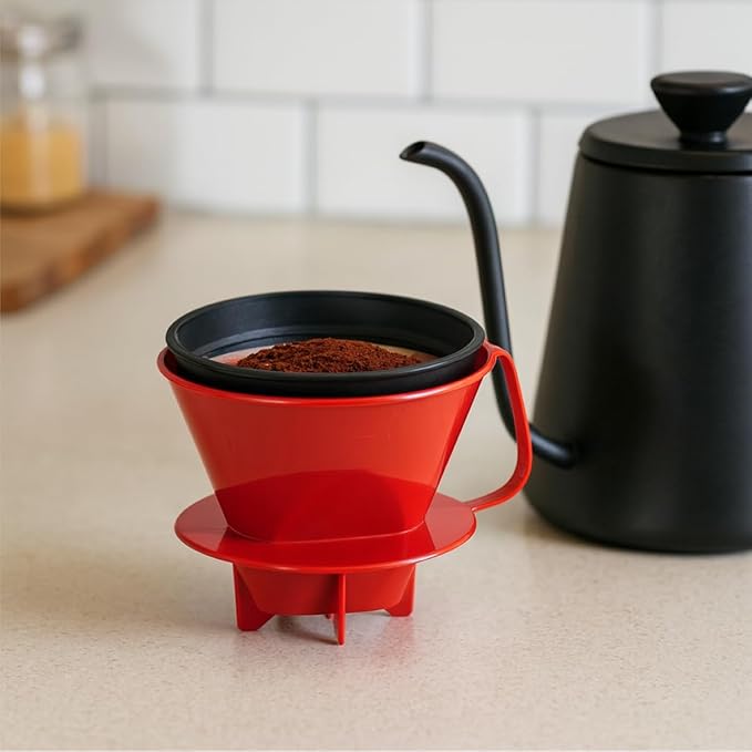 Fino Pour-Over Reusable Coffee Brewing Cone with Gold-Toned Mesh Permanent Coffee Filter, Number 4-Size, Red