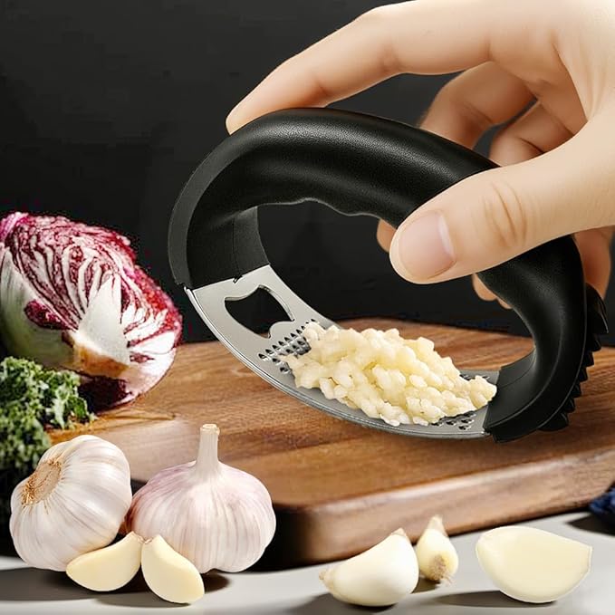 Stainless Steel Garlic Press Rocker, 2025 New Garlic Mincer and Garlic Crusher, Easy-Squeeze Garlic Tool with Peeler and Cleaning Brush for Smashing Garlic (A2-3Pcs)