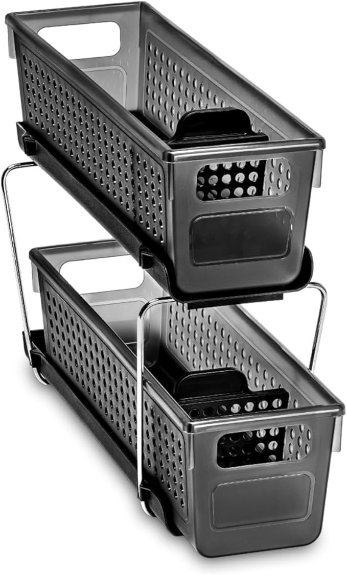 Madesmart 2-Tier Plastic Mini Multipurpose Organizer with Divided Slide-Out Storage Bins, Compact Under Sink and Cabinet Organizer Rack, Carbon
