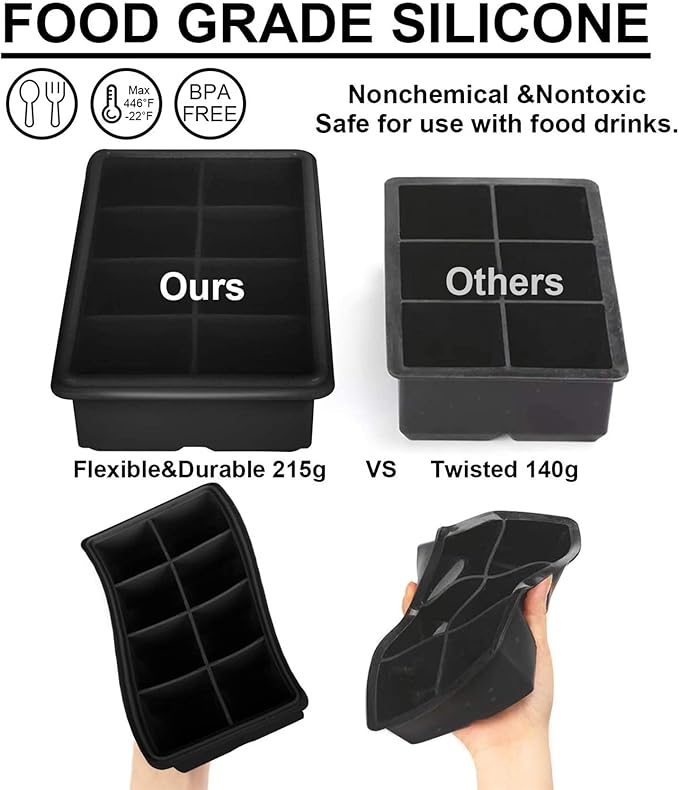 LessMo Ice Cube Tray with Lid - 2 Pack Large Silicone Ice Tray Molds for Freezer, BPA Free, Big Square Ice Cube for Whiskey, Cocktails, Baby Food, Juices