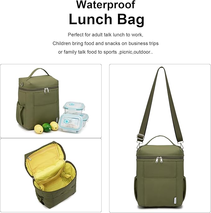 NOL Natural Organic Lifestyle Insulated Lunch Bags for Women Cooler Bag Lightweight Nylon Waterproof Lunch Box For Work (Amy green, Large)