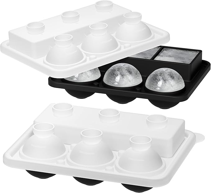 Ice Cube Trays 2 Pack, Morfone Silicone Round Ice Ball Molds& Square Large Ice Molds Combo with Lids, Funnel Design Easy-Release Reusable Ice Ball Maker for Whiskey, Cocktail, Bourbon, Homemade Drinks