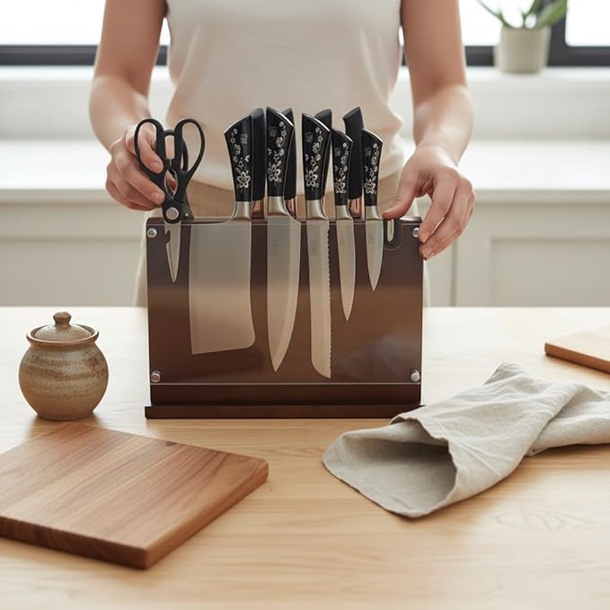Magnetic Knife Holder Stand 14 x 10 Inches Extra Large Size with Knife Sharpener Wooden Double Sided Magnetic Knife Block Rack for Kitchen Counter with Cutting Board Slot & Acrylic, Sturdy & Durable
