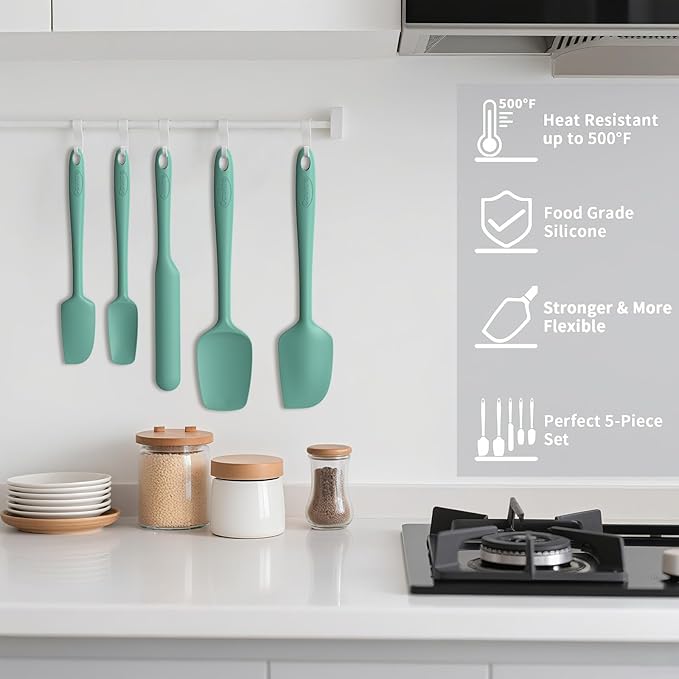Coukre Silicone Spatula Set of 5,High Temperature Resistant, Food Grade Silicone, Dishwasher Safe, for Baking, Cooking (Pure Aqua Green)