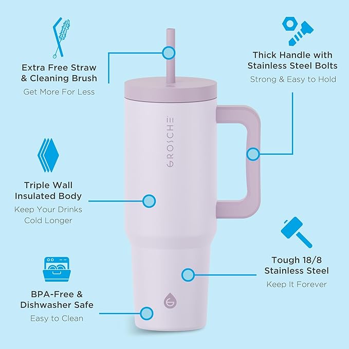 GROSCHE ASPEN 40 oz tumbler with handle and straw. Extreme insulation, classy design, built to last insulated stainless steel tumbler with handle, lid and straw - LAVENDER