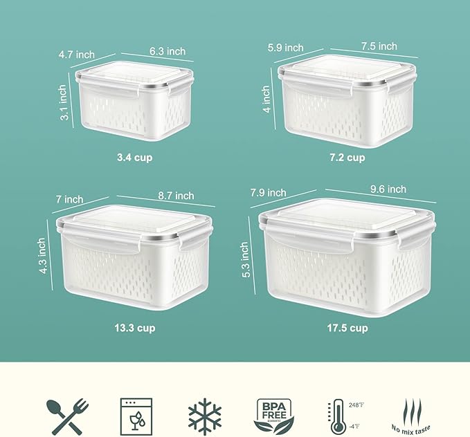 4 Pack Fruit Storage Container for Fridge, Plastic Fruit Containers for Fridge with Removable Colander, Container for Fruit Berry Salad Lettuce, BPA Free Kitchen Refrigerator Organizers