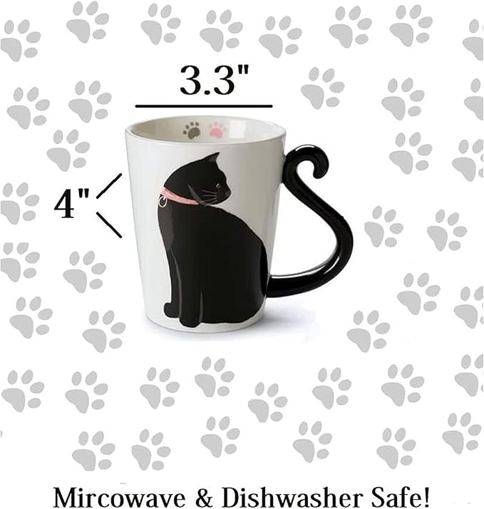 VOTUM Black Cat Ceramic White Coffee or Tea Mug - Animal Shaped Cup with Hand Printed Designs - Cute Handmade Gift for Men or Women Cat Lovers - 12 Fluid Ounce