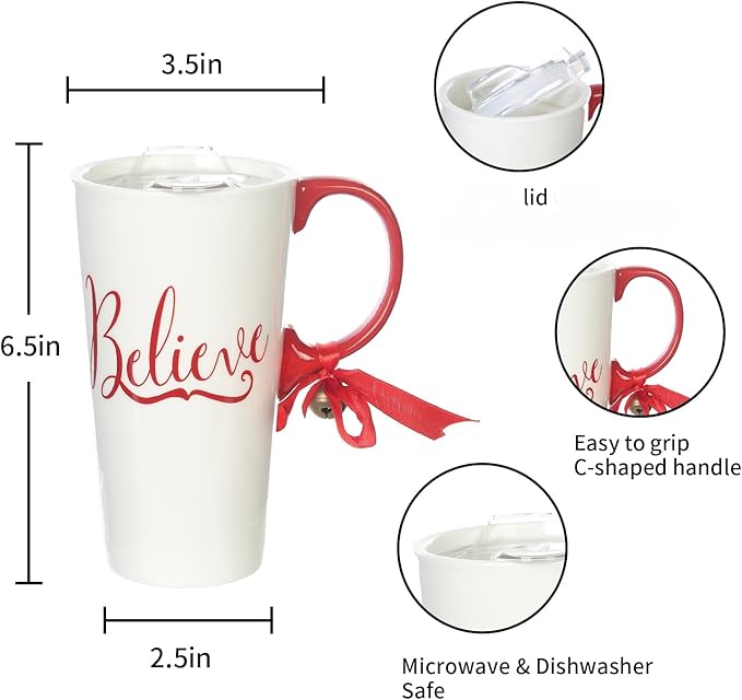 Topadorn 17oz Christmas Ceramic Travel Coffee Mug with Lid Tea Cup with Color Box, Microwave & Dishwasher Safe, Xmas Coffee Mug for Latte & Hot Chocolate, Holiday Gift Her Him, Believe