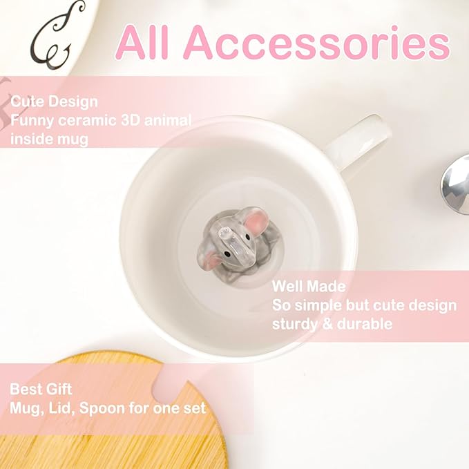 White Elephant Gifts for Adults Cute Elephant Mug with 3D elephant Inside Kawaii Ceramic Coffee Mug Tea Cup with Lid Spoon Friendship Birthday Christmas Gifts for Women Men Sisters Friend Coworkers
