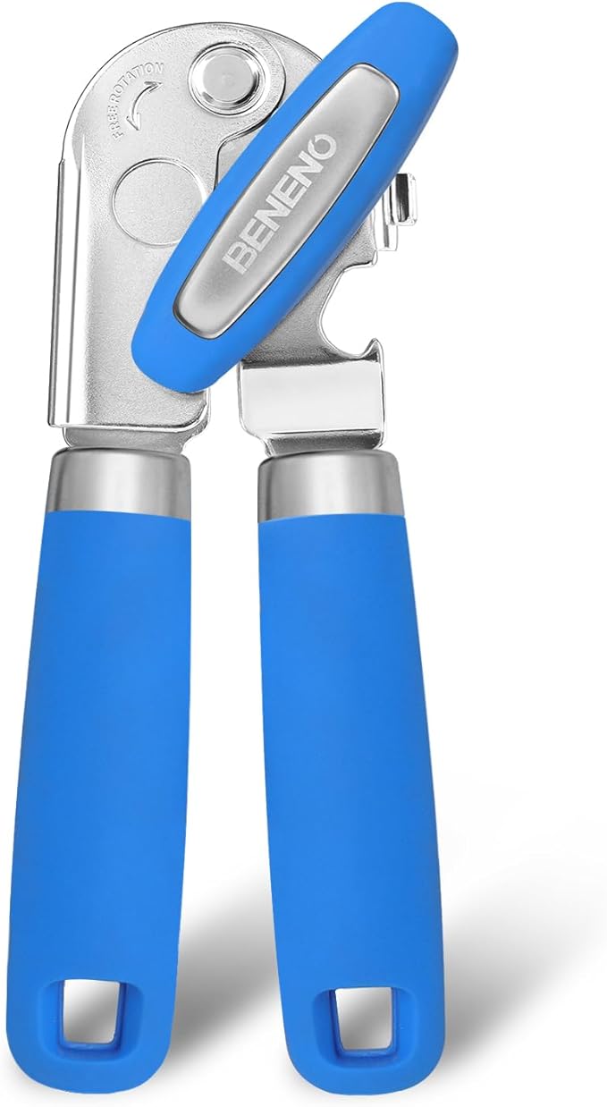 Beneno Heavy Duty Hand Can Opener Manual with Magnet, Durable Sharp Carbon Steel Blade Smooth Cutting, Big Effort-Saving Knob & Soft Grip Handle, Multifunctional Bottle Opener, Klein Blue