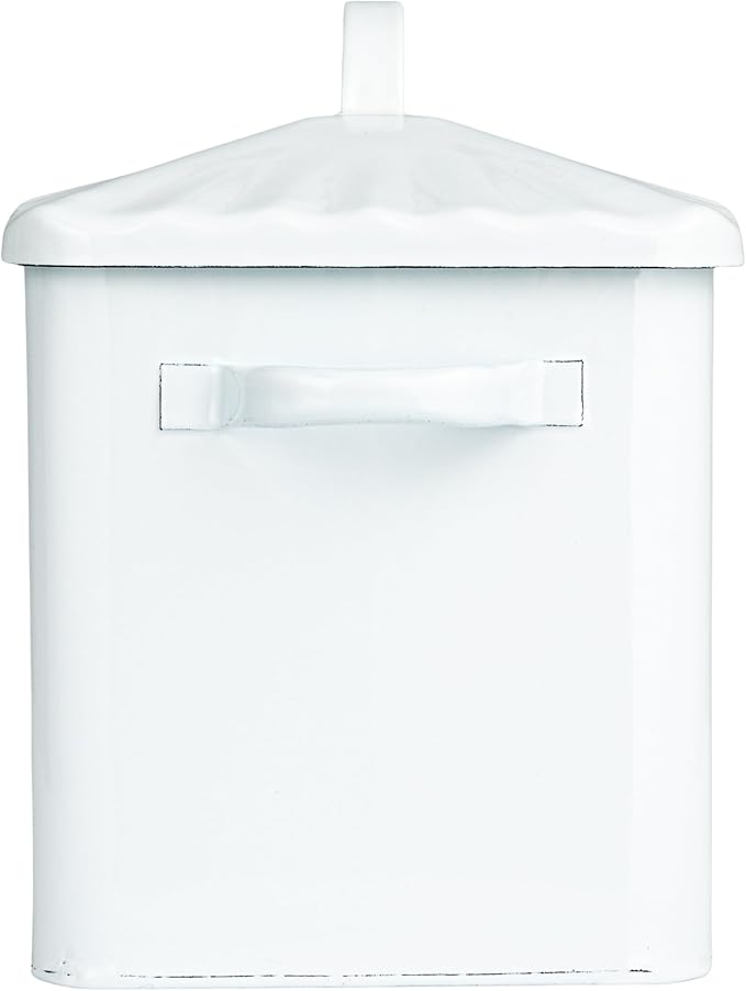 Creative Co-Op Chic Farmhouse Enameled Bread Box with Lid, "Bread" Message, White and Navy