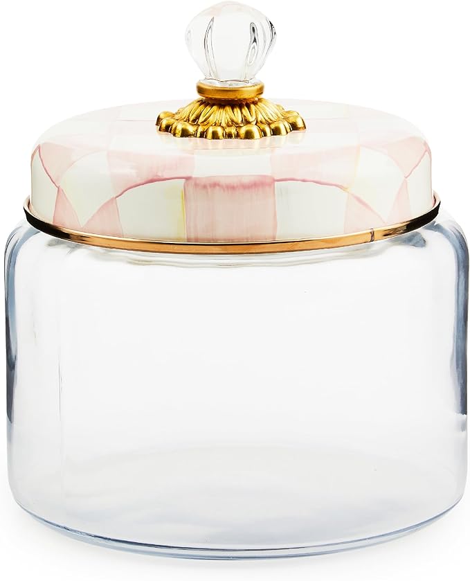 MACKENZIE-CHILDS Rosy Check Kitchen Canister, Decorative Pink-and-White Glass Storage Jar with Lid, Medium