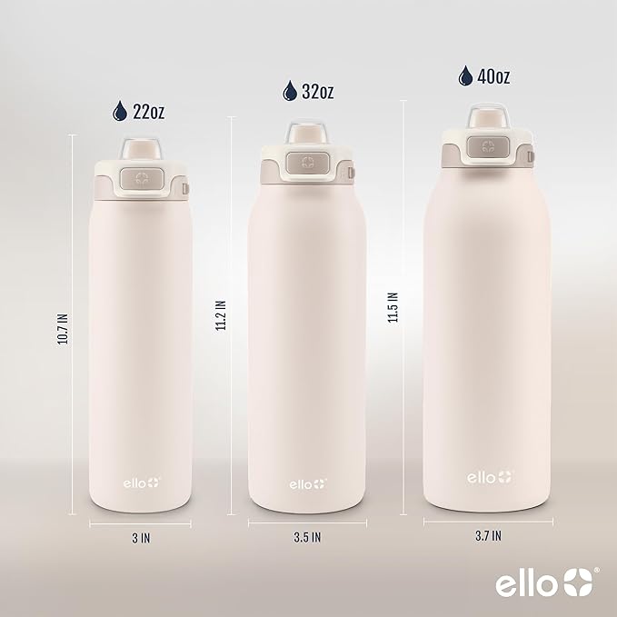 Ello Pop & Fill Stainless Steel Water Bottle with Quick Fill Technology, Double Walled Vacuum Insulated Metal, Leak Proof Locking Lid, Sip & Chug, BPA Free, Holiday Gift for Him Her, 22oz, 32oz, 40oz