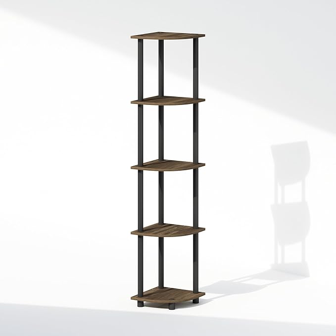 Furinno Turn-N-Tube Corner Shelf, 5-Tier Corner Display Rack, Shelving Unit, for Organization and Storage, Living Room, Home Office, Garage, Bedroom, Columbia Walnut