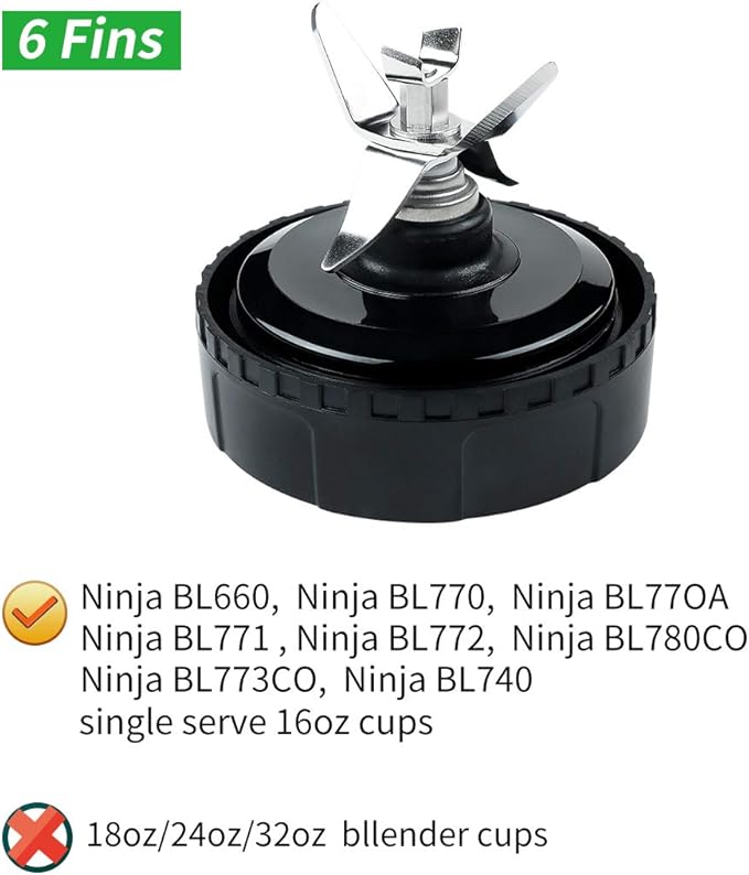 Replacement Parts for Nutri Ninja, Blender 6 Fins Blade Assembly and 2 Pack 16 oz Cup Set for BL770 BL780 BL660 Blender (3.35 inch)