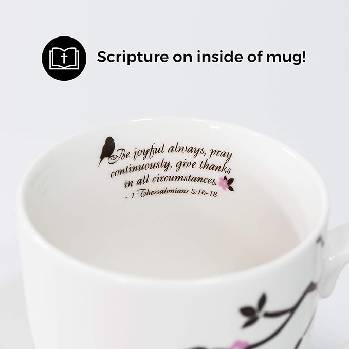 Divinity Boutique Inspirational Ceramic, Brown Birds on White Mug, 1 Theses. 5:16-17, The Joyful Always Pray, Multicolor, One Size,12 fluid ounce
