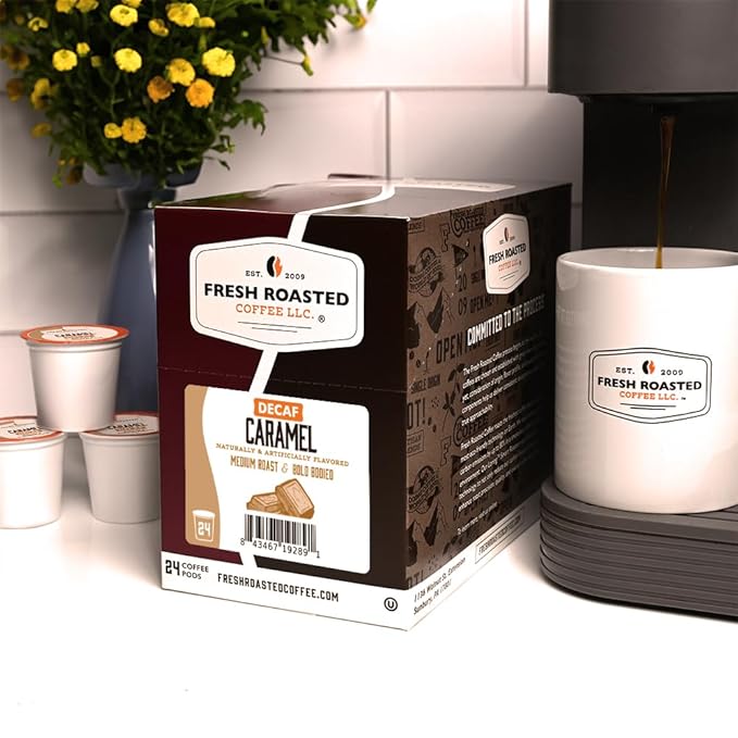 Fresh Roasted Coffee, Decaf Caramel, Flavored Coffee Pods, K-Cup Compatible, 24 Count
