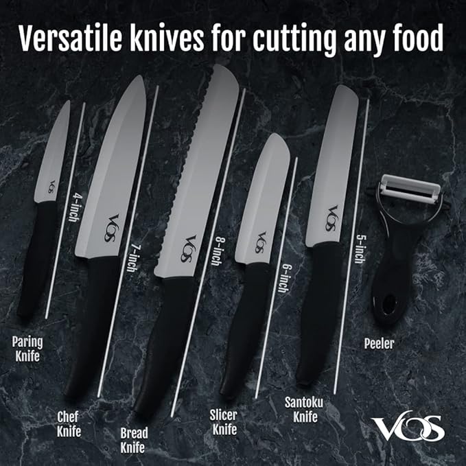 Vos Ceramic Knife with Peeler, Knives Set For Kitchen, Ultra Sharp Kitchen Knife Set with Covers, 4" 5" 6" 7" 8" Paring, Chef Knife, Santoku & 2 more, Lightweight, Dishwasher safe (Black)