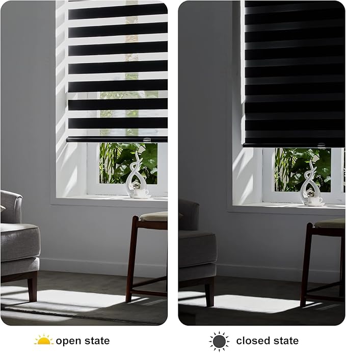 Persilux Cordless Zebra Blinds for Windows (35" W X 47" H, Black) Free-Stop Dual Layer Roller Windows Shades for Day and Night, Light Filtering Sheer Shades for Home, Easy to Install
