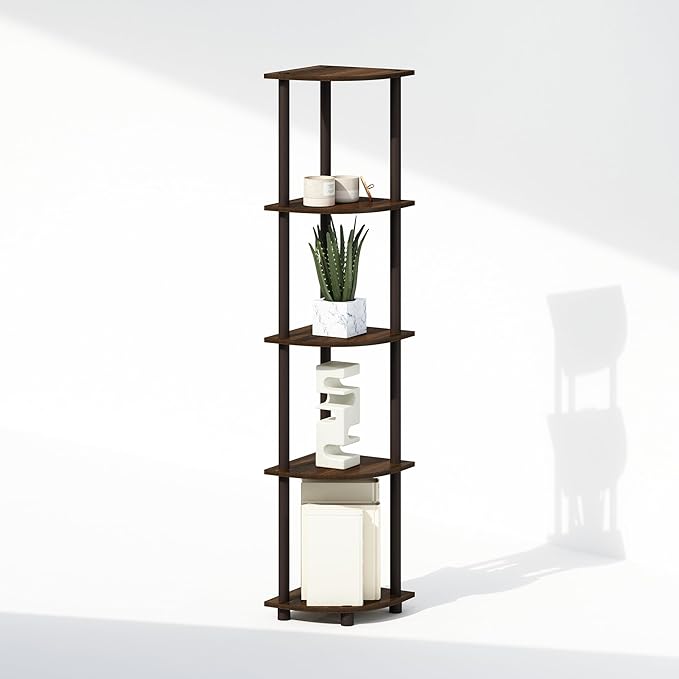 Furinno Turn-N-Tube Corner Shelf, 5-Tier Corner Display Rack, Shelving Unit, for Organization and Storage, Living Room, Home Office, Garage, Bedroom, Walnut