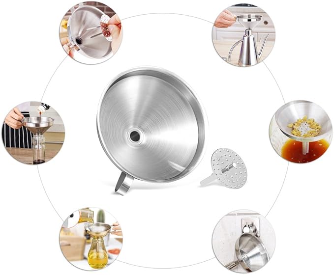 5.5-Inch 14CM Stainless Steel Kitchen Funnel with Strainer Filter for Transferring of Liquid Dry Ingredients and Metal Cooking Funnel