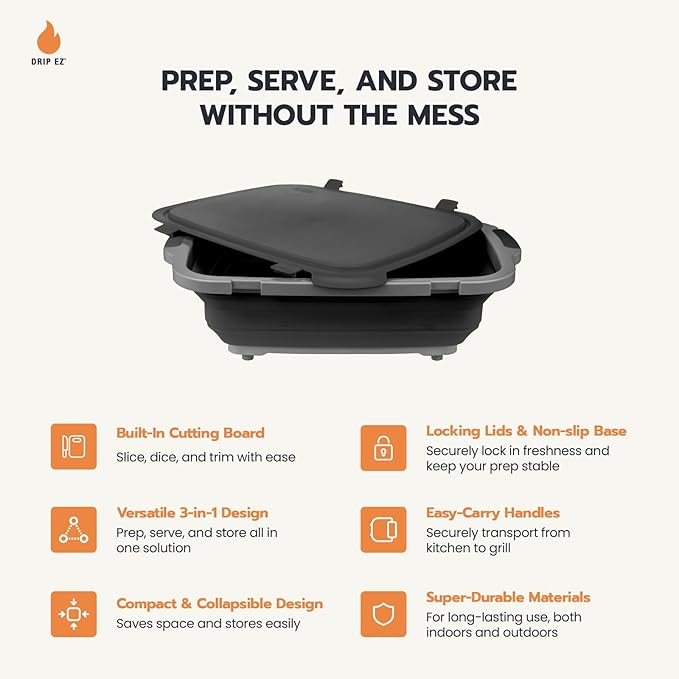 Drip EZ Collapsible BBQ Prep Tub - for Meal Prep Marinating Food Storage - Includes Cutting Board & Locking Lid - (1) XL - Black
