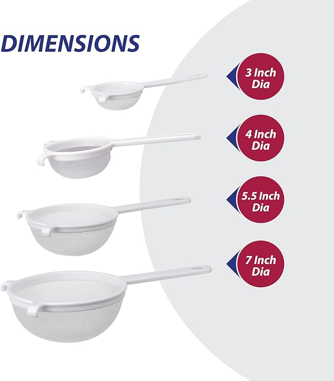 HIC Kitchen Double-Ear Fine Mesh Strainers, BPA Free, Set of 4 Sizes Includes 3, 4, 5.5, and 7-Inch Diameter