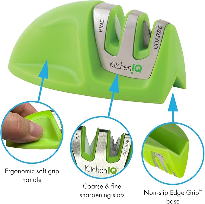KitchenIQ 51422 | Edge Grip 2-Stage Knife Sharpener | Green – 3 Pack | Coarse & Fine Sharpener | Compact for Easy Storage | Stable Non-Slip Base | Soft Grip Rubber Handle | Straight & Serrated Knives