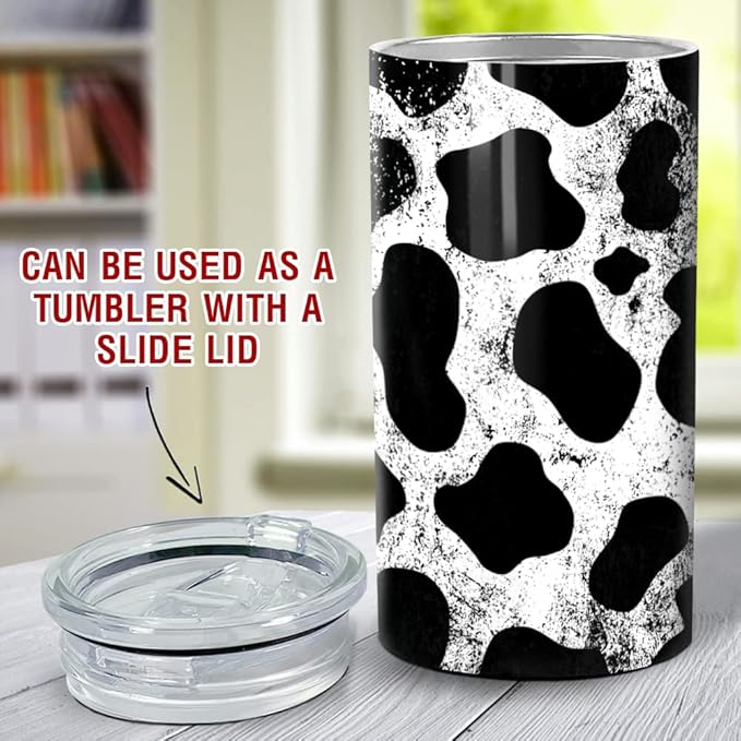 SANDJEST Cow Tumbler Cowhide Doodle 4 in 1 12oz Tumbler Can Cooler Coozie Skinny Stainless Steel Tumbler Gift for Women Girl Daughter Sister Animal Lovers Farm Girl Christmas Birthday
