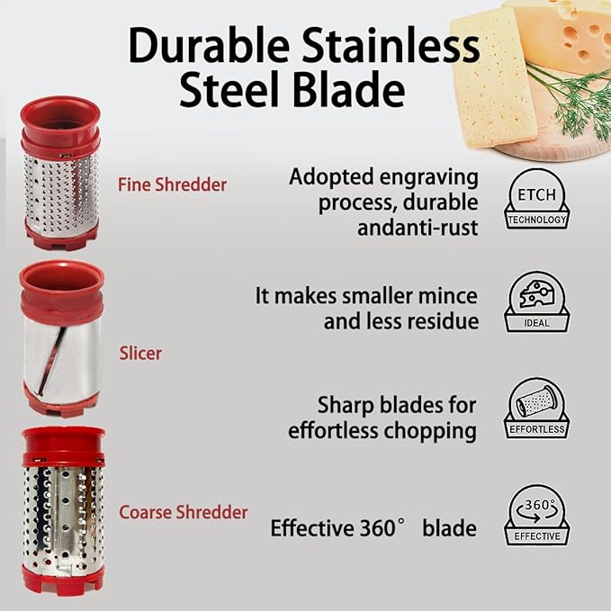 Electric Hard Cheese Grater, Model CES03D, Red, Stainless Steel, Automatic, Cordless, 3 Interchangeable Blades, Easy to Clean