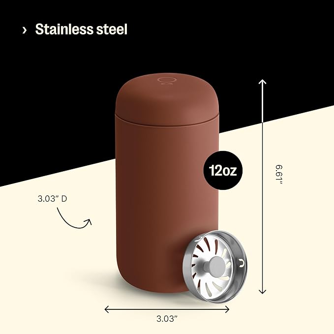 Fellow 12 oz Carter Move Travel Mug - Vacuum-Insulated Stainless Steel Travel Coffee Mug - Coffee Tumbler with Ceramic Interior and Splash Guard - Sienna