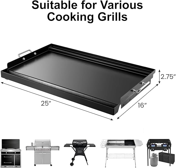YORKING 25" x 16" Nonstick Coating Griddle Flat Top Grill Plate, Carbon Steel Griddle Plate with Grease Groove and Removable Handles for BBQ Charcoal/Gas Grills, Parties, Indoor/Outdoor Cooking