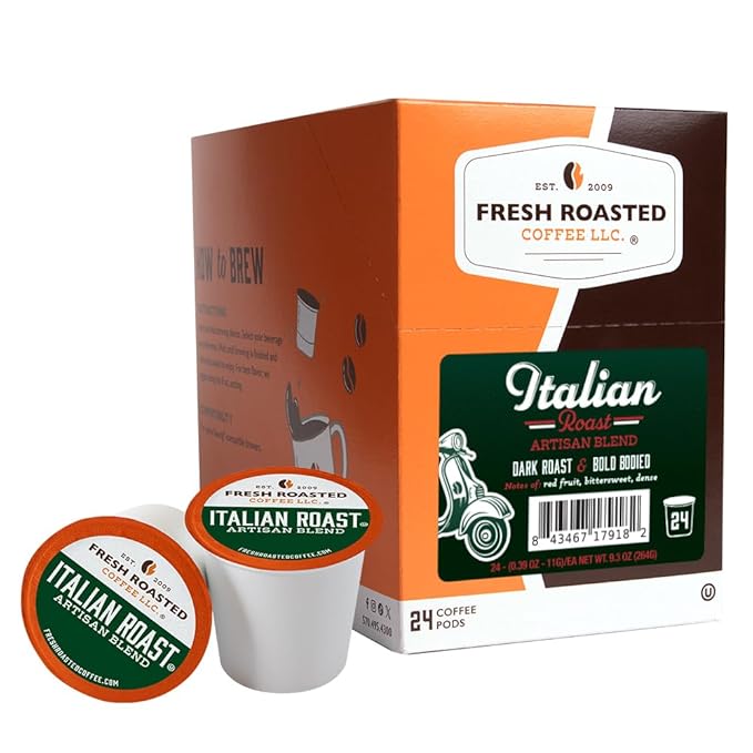Fresh Roasted Coffee, Italian Roast, Dark, 24 Pods for K Cup Brewers