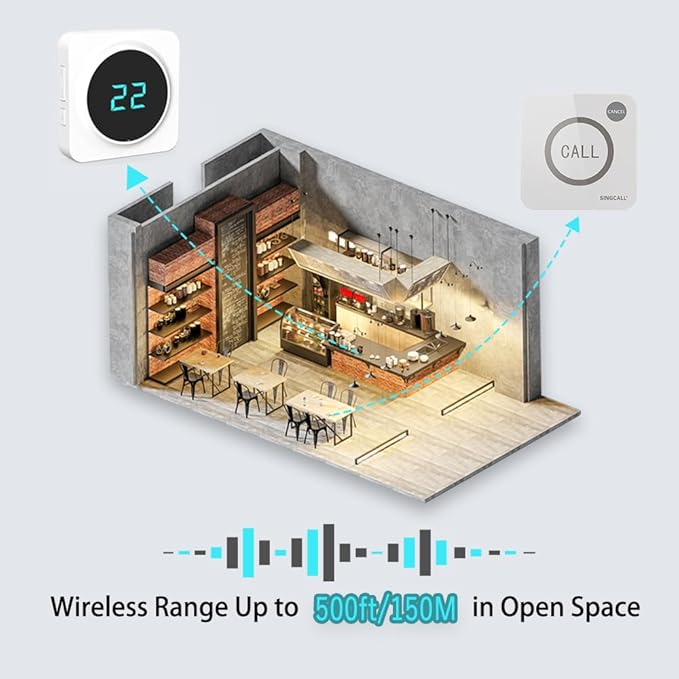 SINGCALL Restaurant Pager System Waiter Calling System Pagers and Beepers for Kitchen,Fast Food,Hotel,Restaurants,Cafe,Bar to Call Waiters 8 Waterproof Wireless Call Buttons 1 Number Display Receiver