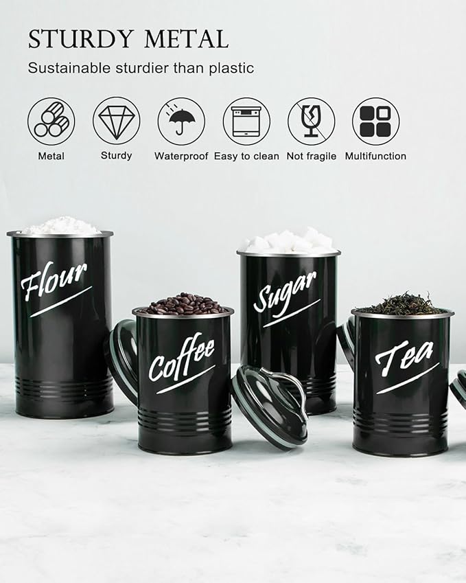 Hillbond Canisters Sets for The Kitchen Countertop with Airtight Lids Tea Coffee Sugar and Flour Containers Farmhouse Black Canisters for Kitchen Counter Set of 4
