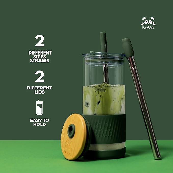 Pandaloo® Glass Cups With Lids and Straws -20 Fl Oz- Perfect Size Iced Coffee Cup - Smoothie Cup With Bamboo Lid and On the go Lid - Glass Tumbler (2 Count (Pack of 1), Lilac-Pink)