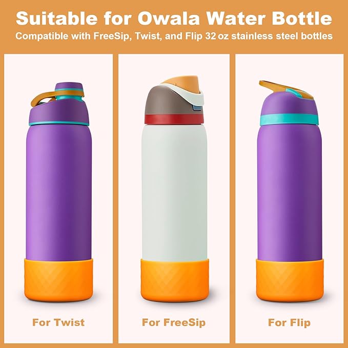 2PCS Silicone Water Bottle Boot for Owala 32oz, Protective Bottom Bumper Anti-Slip Sleeve for FreeSip, Twist, and Flip Stainless Steel Bottles, Dishwasher Safe and BPA Free(Orange)