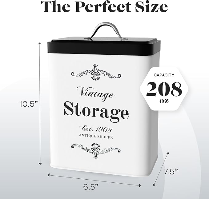 Amici Home Antique Shoppe Metal Canister | Dry Food Storage Container | Push Top Lid | 208 Ounce Capacity | Vintage Square Canister for Kitchen Countertop