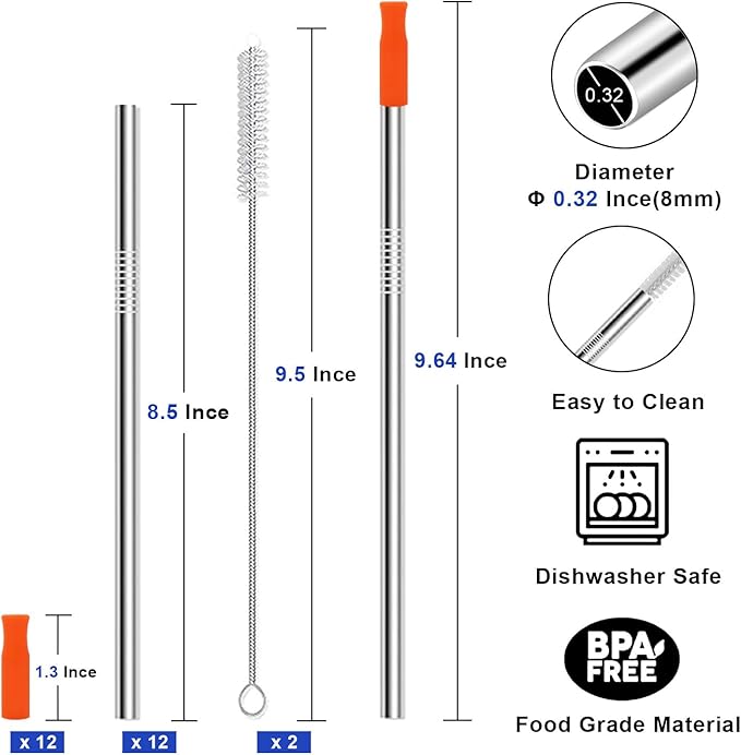 Newly Upgraded 8.5In Reusable Stainless Steel Straws Set 12 PCS with 12 Silicone Tips, 2 Straw Brush, 1 Storage Case, BPA Free, Eco-Friendly Metal Straws for 14, 20, 30 oz Tumbler，for Hot/Cold Drinks
