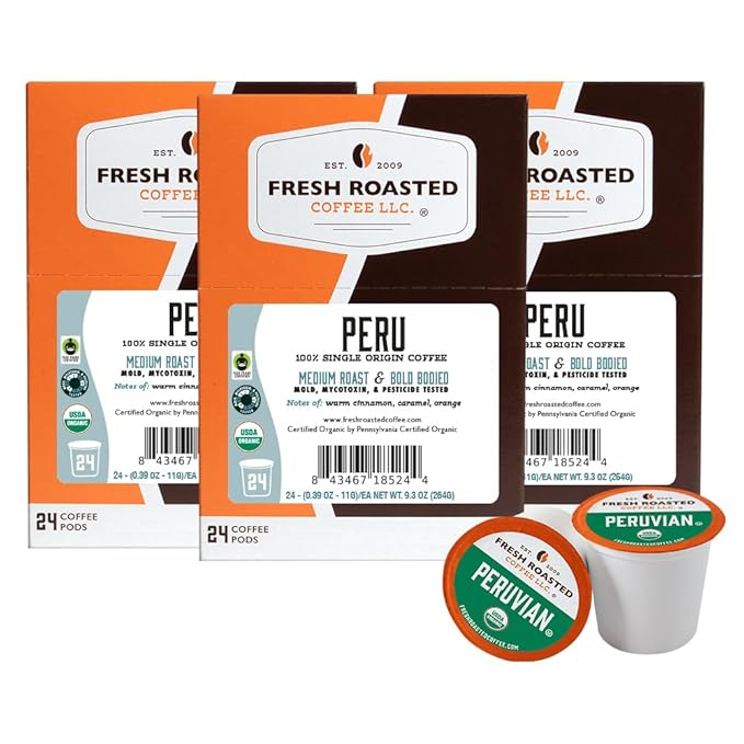 Fresh Roasted Coffee, USDA Organic Peru | 3rd Party Tested for Pesticides, Mold, Mycotoxins, Kosher | 100% Arabica, Specialty Grade, Med Roast 72 Pods for K Cup Brewers