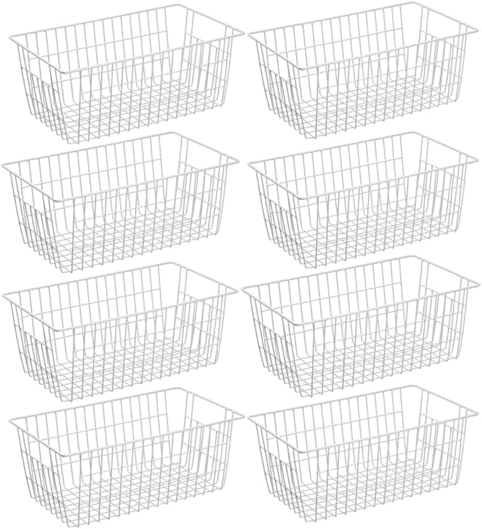 SANNO Freezer Baskets Pantry Storage Bins, Farmhouse Wire Storage Baskets Organizer Storage Bins Large Organizer Bins for Kitchen Organization Storage-Set of 8,White
