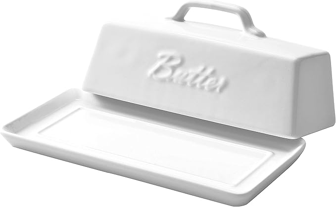 Bruntmor Ceramic Butter Dish With Lid. Butter Holder/ Tray/ Storage With Lid And Handle. Porcelain Butter Keeper For Countertop. Butter Dish With Cover In White Color.