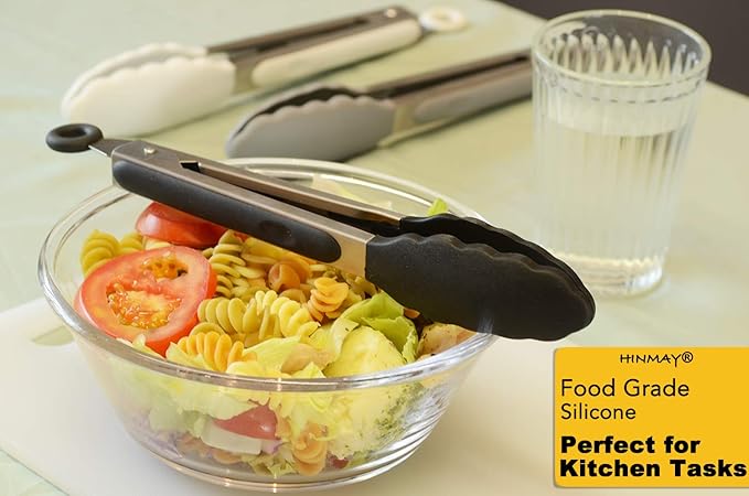 9-Inch Serving Tongs Silicone Tongs, Set of 3 (Black White Gray)