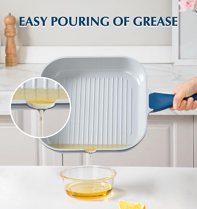 KOCH SYSTEME CS 11 Inch Nonstick Grill Pan for Stove Tops, Square Griddle Pan with Pour Spouts, Grill Pan for Indoor Cooking, Grill Skillet with Bakelite Handle, PTFE & PFOA Free, Blue
