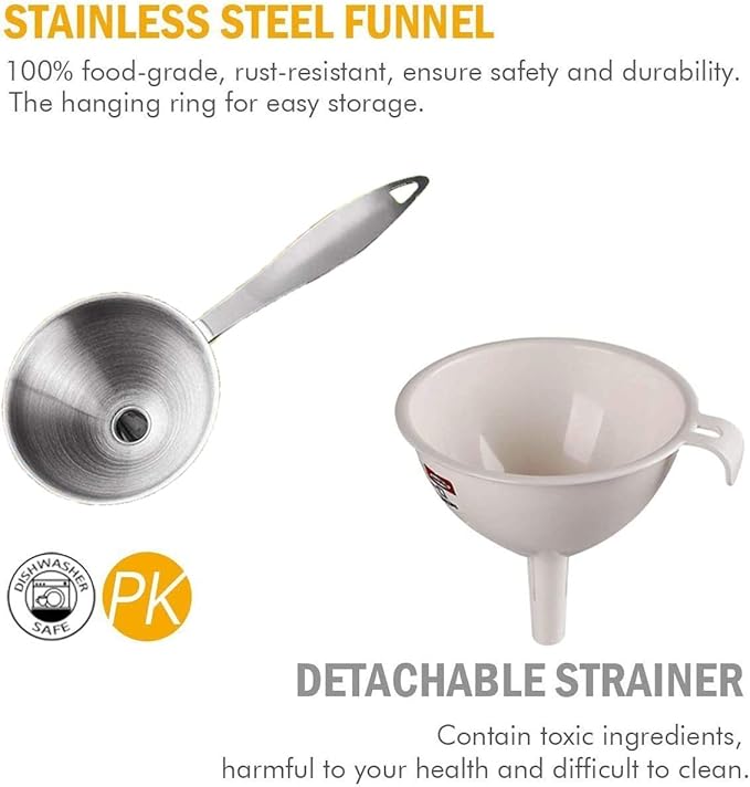 Stainless Steel Funnels, 3 in 1 Metal Kitchen Funnels for Filling Bottle with Handy Handle for Transferring Essential Oils, Liquid, Fluid, Dry Ingredients & Powder, Durable and Dishwash