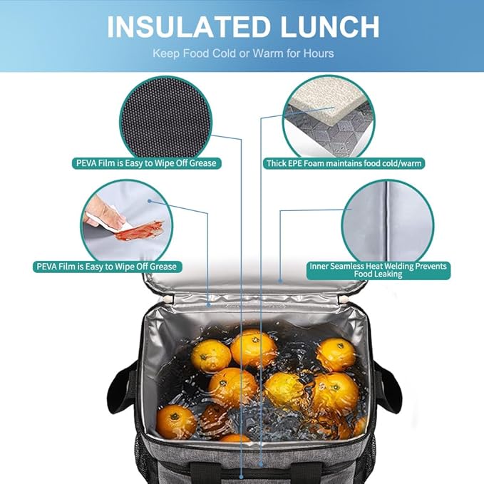 iknoe Insulated Lunch Bag, Foldable 8.5L Cooler Bag for Men & Women, Leakproof Thermal Design, Great for Office, Picnic, Travel, Lunch Box, Grey
