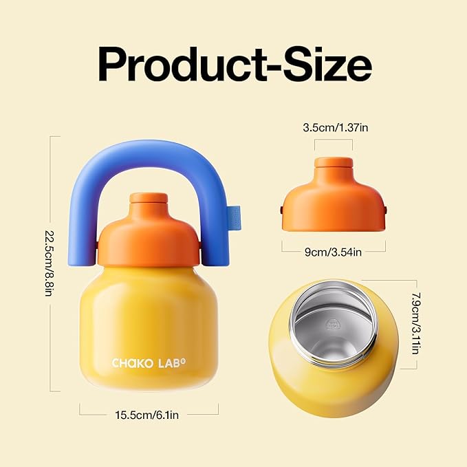 CHAKO LAB Water Bottle with Straw and Carry Handle | Wide Mouth vacuum insulated stainless steel Bottles | Reusable, leak-proof and BPA-free | 33oz(Yellow and blue)