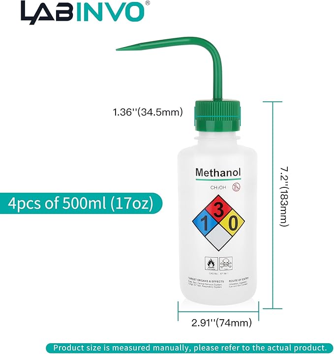 4pcs of Methanol Wash Bottles, Vol.500ml (17oz), Narrow Mouth, Self-Venting Safety Wash Bottles, LDPE Material, IN-WBM500