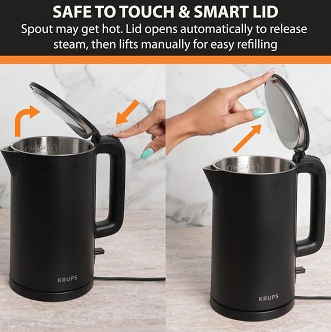 KRUPS 1.5L Electric Kettle Stainless Steel Cool Touch Interior, Fast Boiling, One Cup in 80 Seconds, Double Wall, Auto Off, Keep Warm, Hot Water Kettle Electric, Cordless, Black