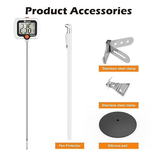 Digital Candy Thermometer with Adjustable Display, 304 Stainless Steel Probe, -58°F~572°F, White Body, Includes 2 Pot Clips & Heat-Insulating Pad for Sugar Syrup, Jam, Chocolate, Frying Oil